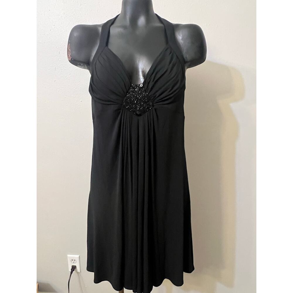 Maggy London Black Halter Style Beaded V-neck Dress women’s sz L vintage‎ Y2K